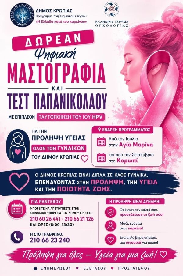 Δήμος Κρωπίας: ΔΩΡΕΑΝ ΨΗΦΙΑΚΗ ΜΑΣΤΟΓΡΑΦΙΑ ΚΑΙ ΤΕΣΤ ΠΑΠ ΣΤΗΝ ΑΓΙΑ ΜΑΡΙΝΑ ΑΠΟ 13 ΕΩΣ 31 ΙΟΥΛΙΟΥ